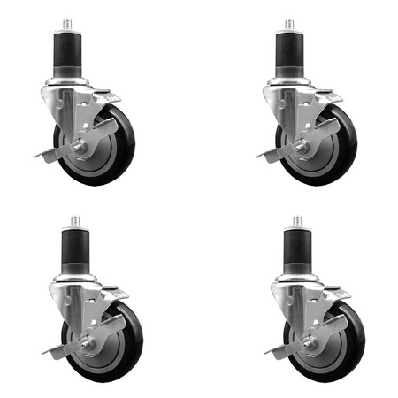 Service Caster 4'' SS Black Poly Swivel 1-5/8'' Expanding Stem Caster Set with Brake, 4PK SCC-SSEX20S414-PPUB-BLK-TLB-158-4